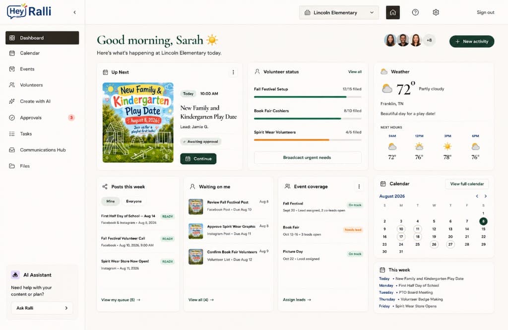 Hey Ralli dashboard showing an event's Up Next card, volunteer status, approvals, posts, and calendar together