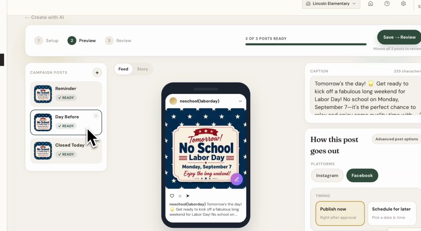 Create with AI social campaign — artwork, captions, and milestone preview