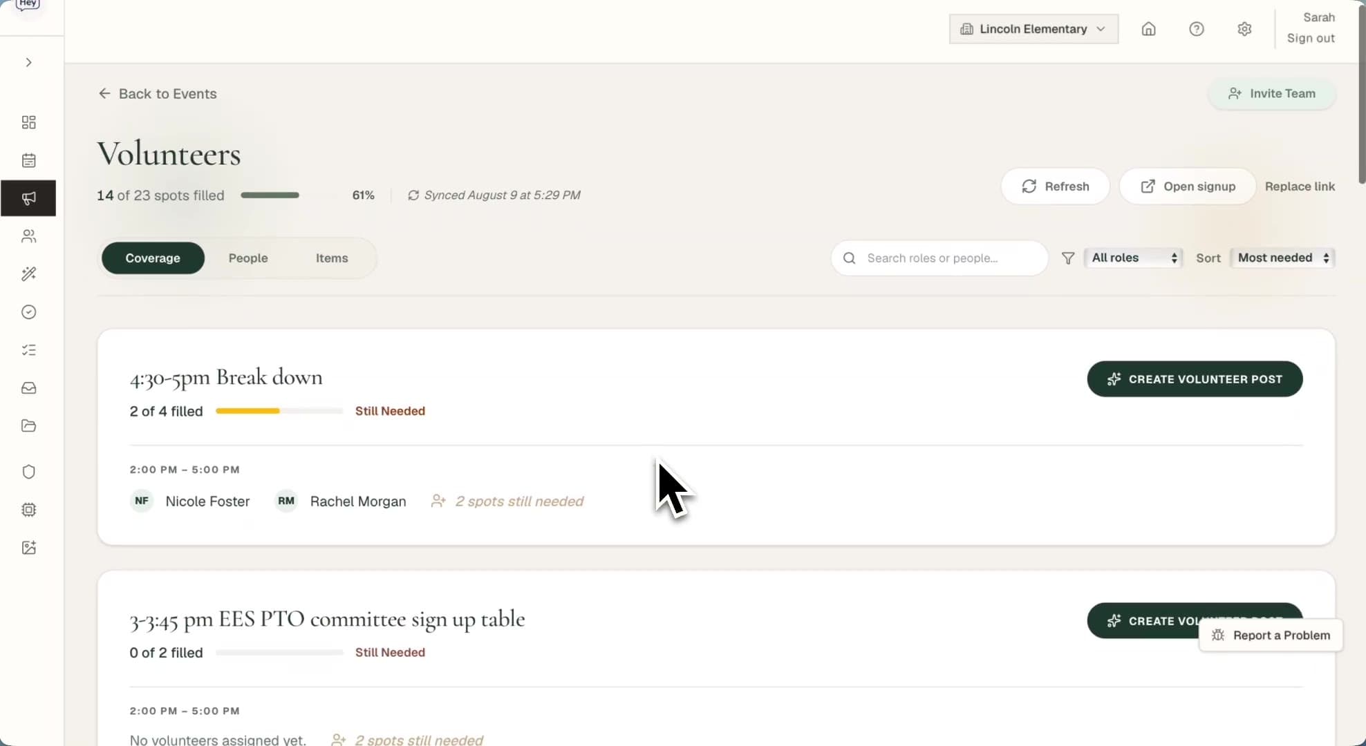 Hey Ralli Volunteers — staffing fill status and coordination by event